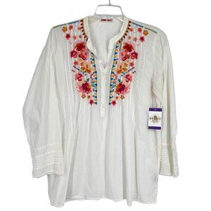 Johnny Was Tunic Blouse Floral Embroidery White Boho Artsy Romantic Feminine L